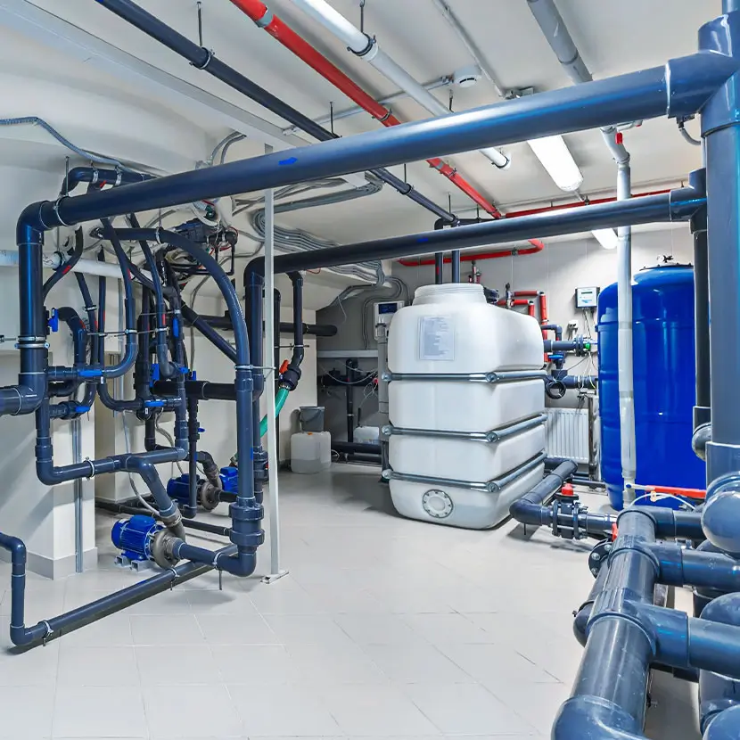 Basement utility room with pipes and storage tanks