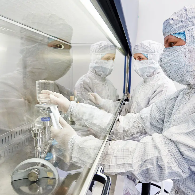Compounding pharmacy technicians preparing sterile medications in a controlled environment